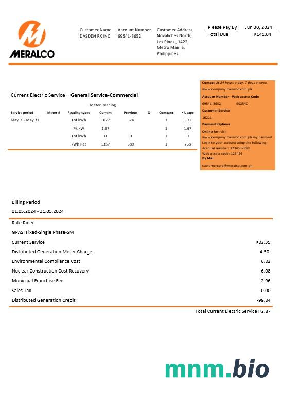 Philippines Manila Electric Company (Meralco) electricity rachunek za usługi komunalne Word and PDF template